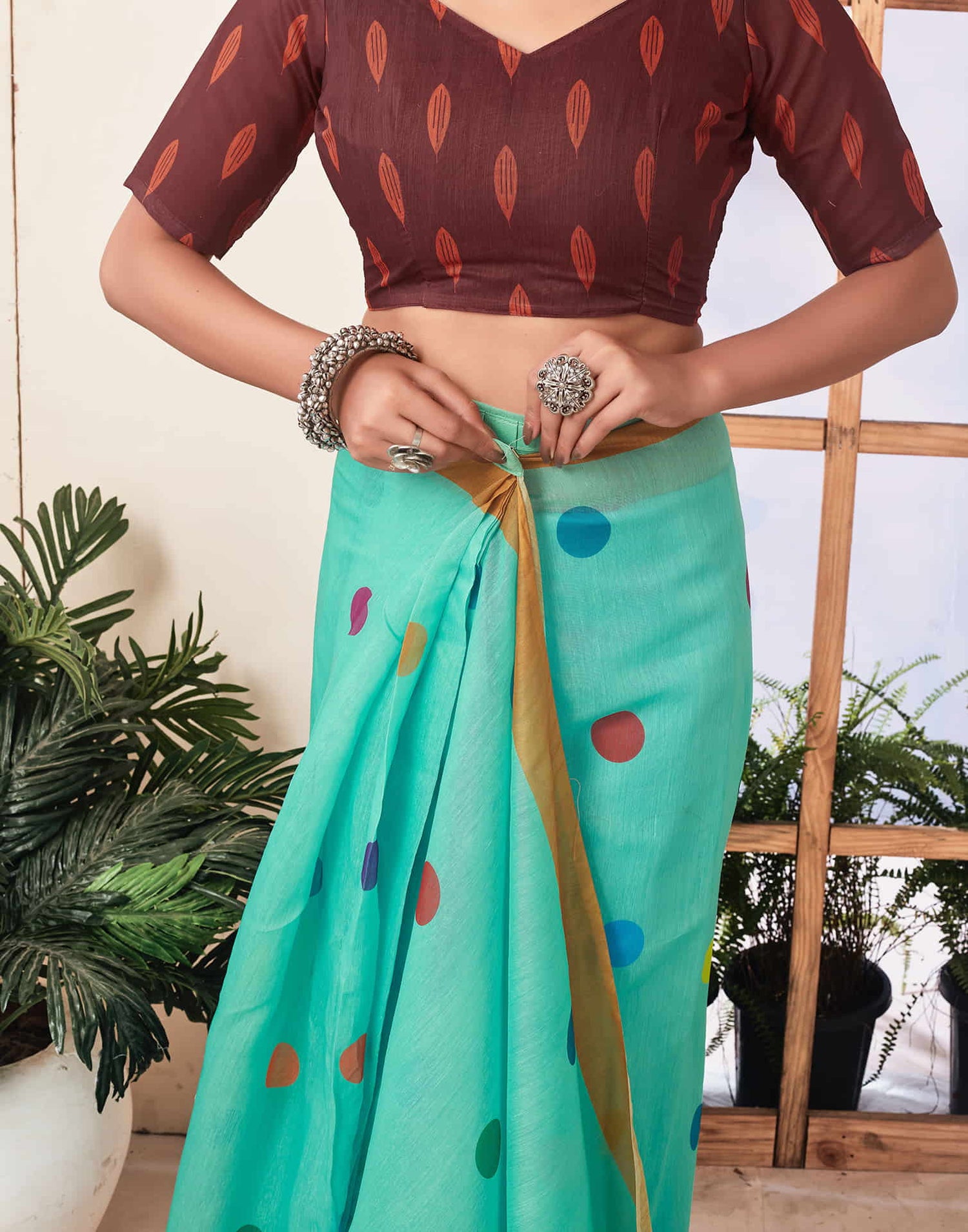 Ready To Wear Turquoise Printed Chanderi Saree