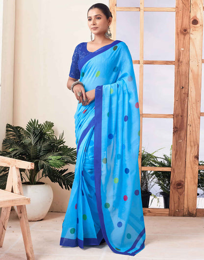 Ready To Wear Sky Blue Printed Chanderi Saree