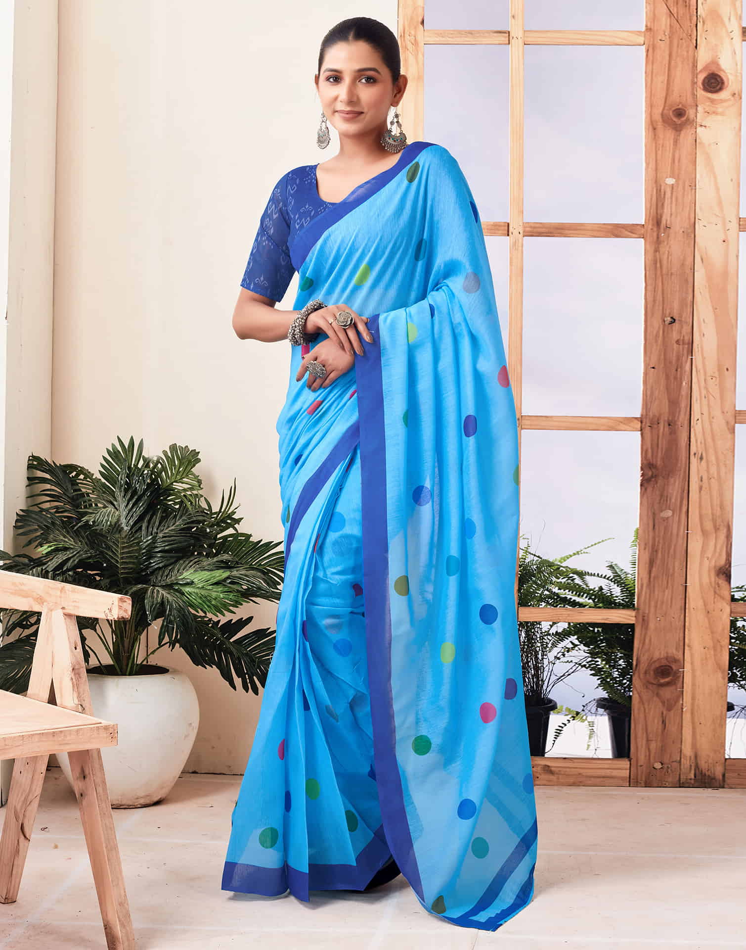 Ready To Wear Sky Blue Printed Chanderi Saree