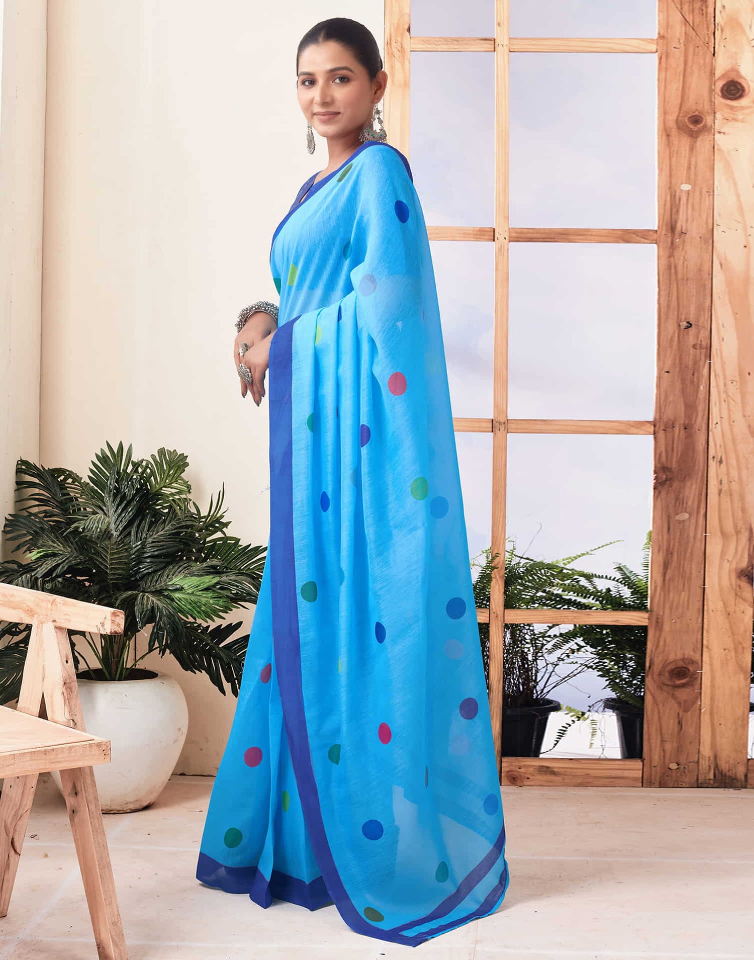 Ready To Wear Sky Blue Printed Chanderi Saree