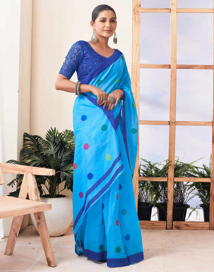 Ready To Wear Sky Blue Printed Chanderi Saree