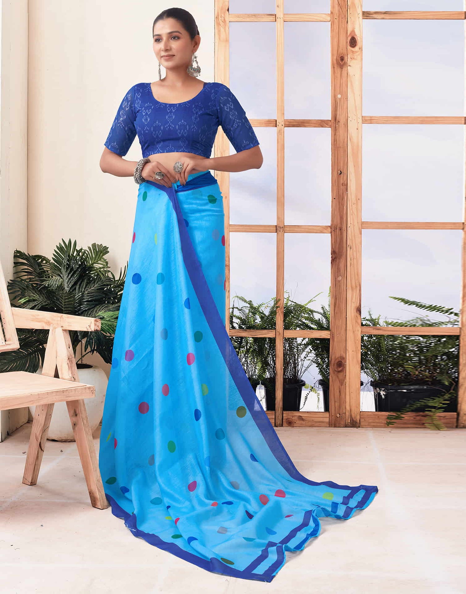 Ready To Wear Sky Blue Printed Chanderi Saree