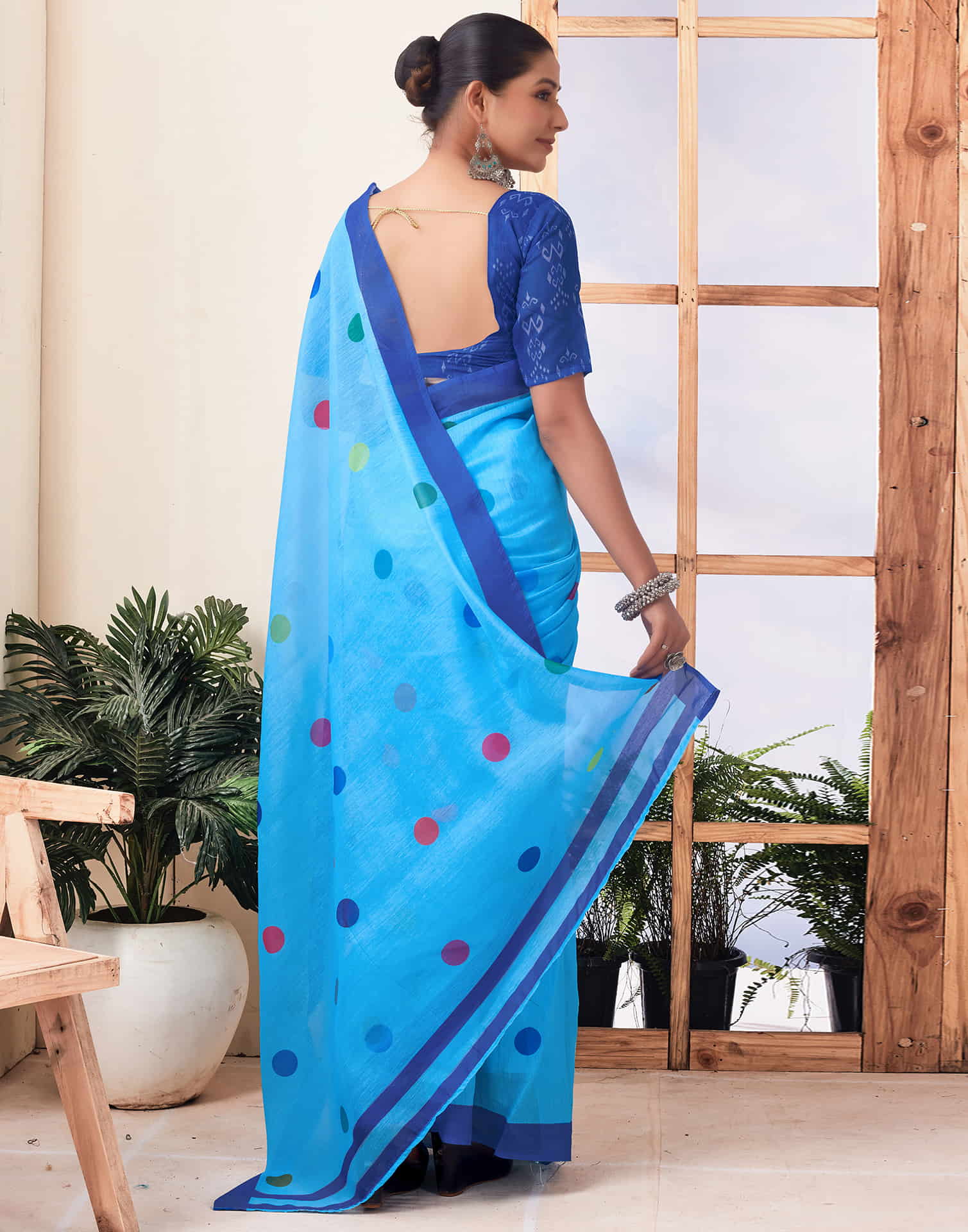 Ready To Wear Sky Blue Printed Chanderi Saree