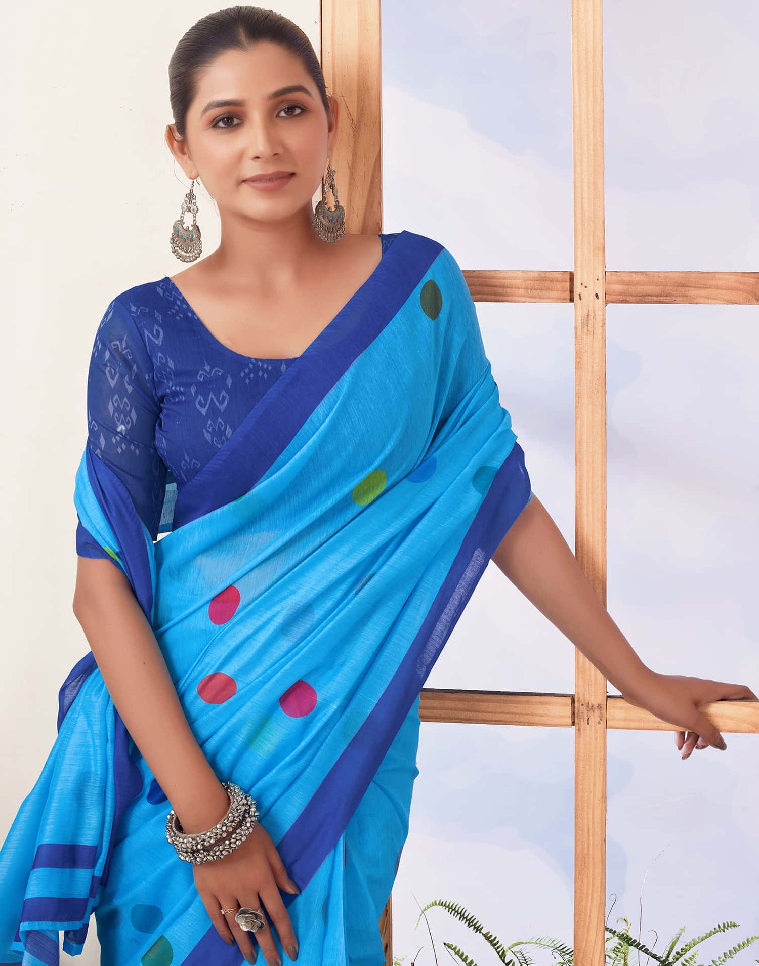 Ready To Wear Sky Blue Printed Chanderi Saree