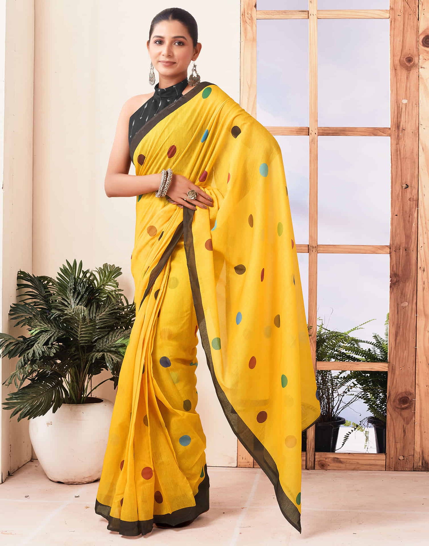 Ready To Wear Yellow Printed Chanderi Saree