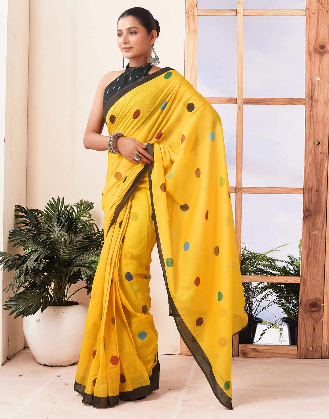 Ready To Wear Yellow Printed Chanderi Saree