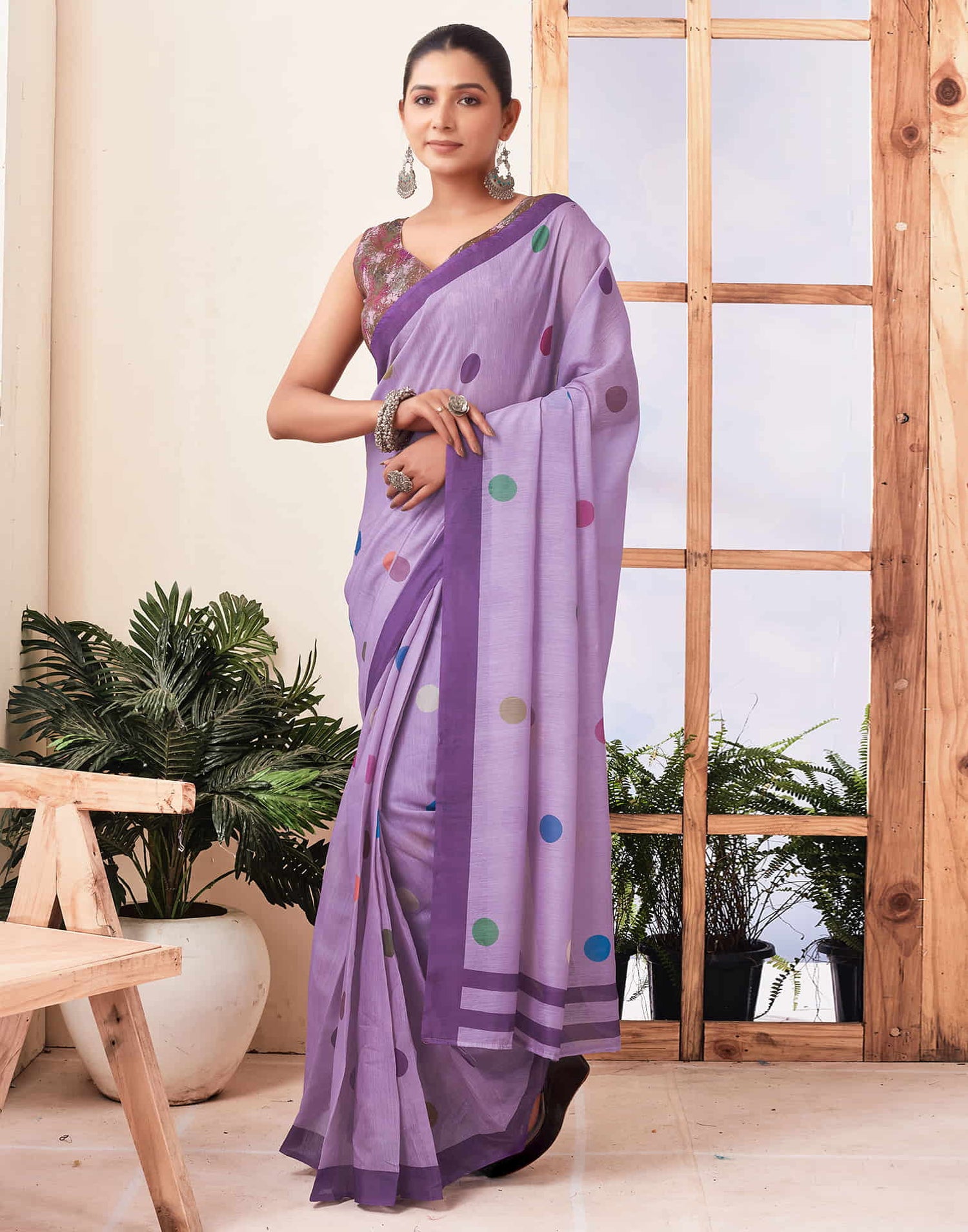 Ready To Wear Dusty Purple Printed Chanderi Saree