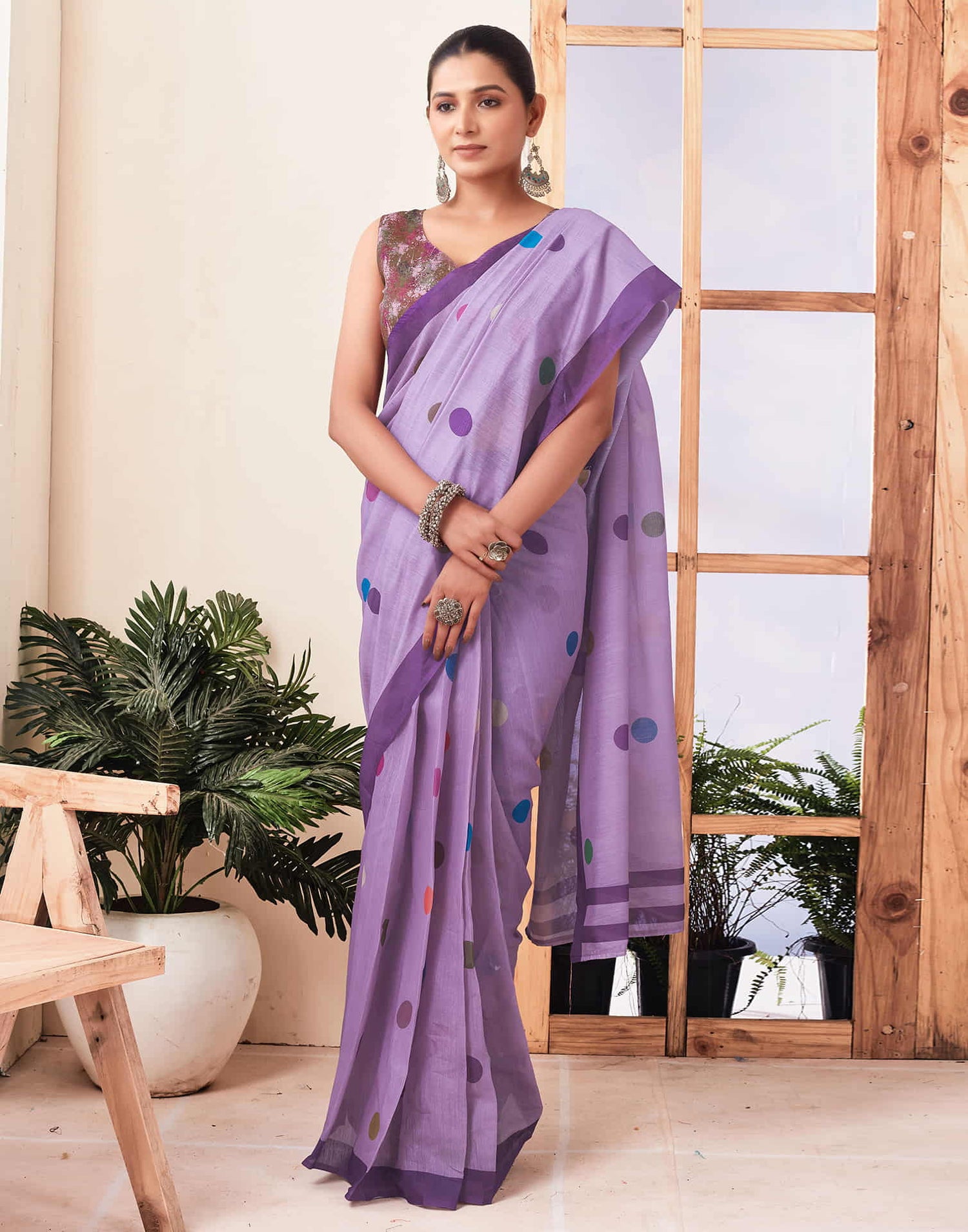 Ready To Wear Dusty Purple Printed Chanderi Saree