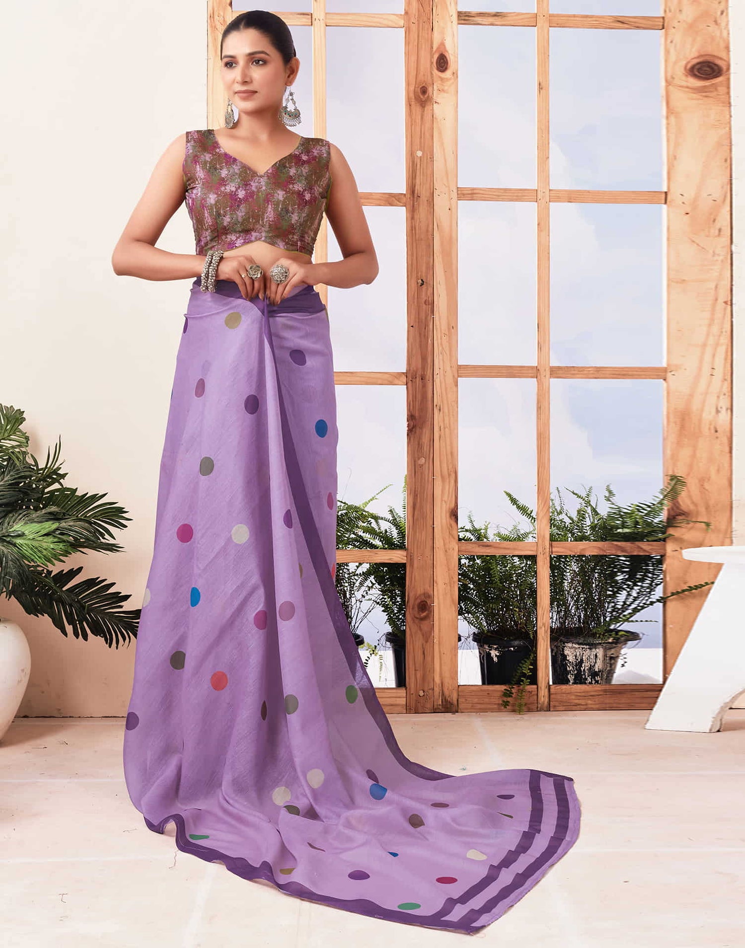 Ready To Wear Dusty Purple Printed Chanderi Saree