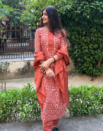 Orange Cotton Printed Straight Kurta With Pant And Dupatta