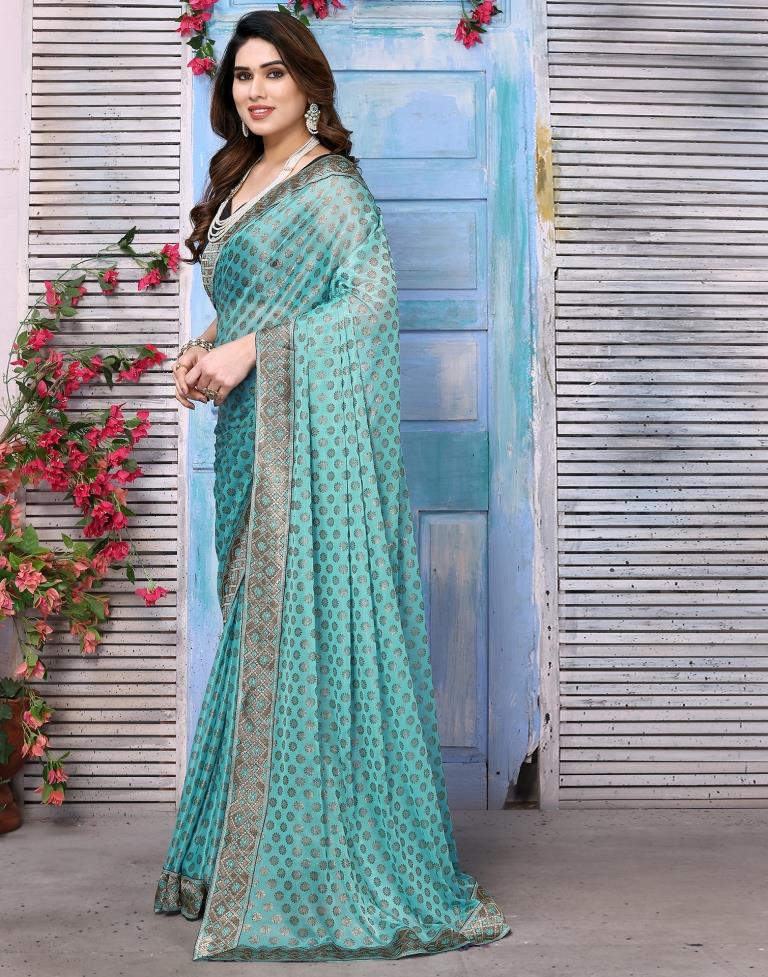 Turquoise Lycra Printed Saree