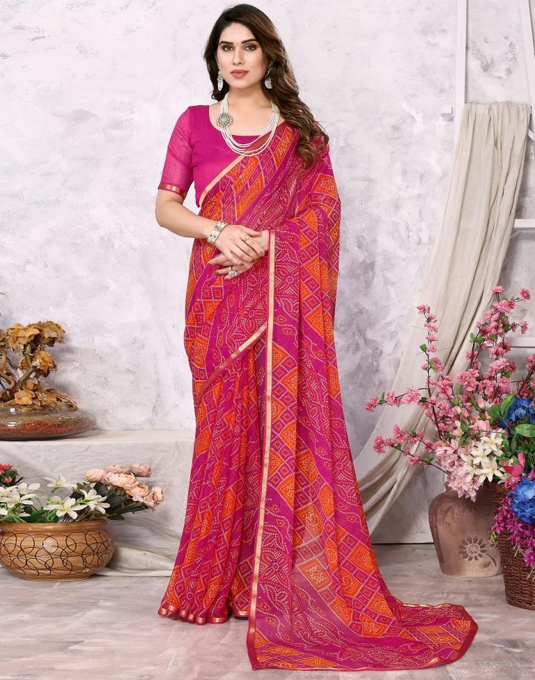 Orange Chiffon Bandhani Printed Saree