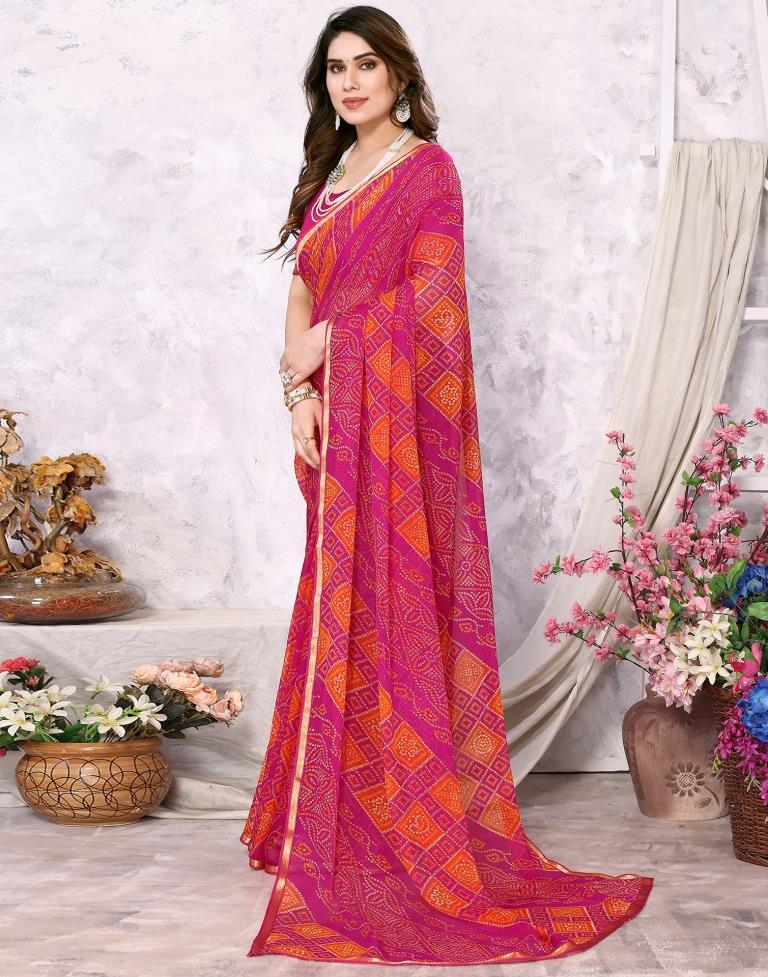 Orange Chiffon Bandhani Printed Saree