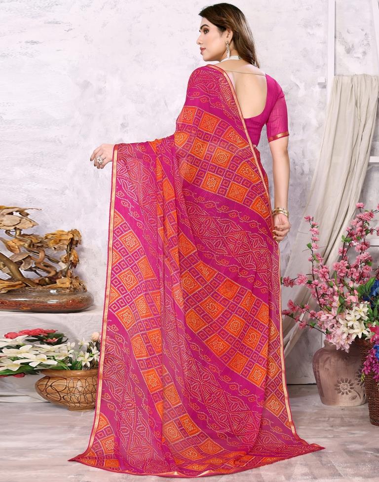 Orange Chiffon Bandhani Printed Saree