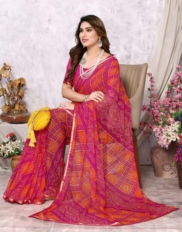 Orange Chiffon Bandhani Printed Saree