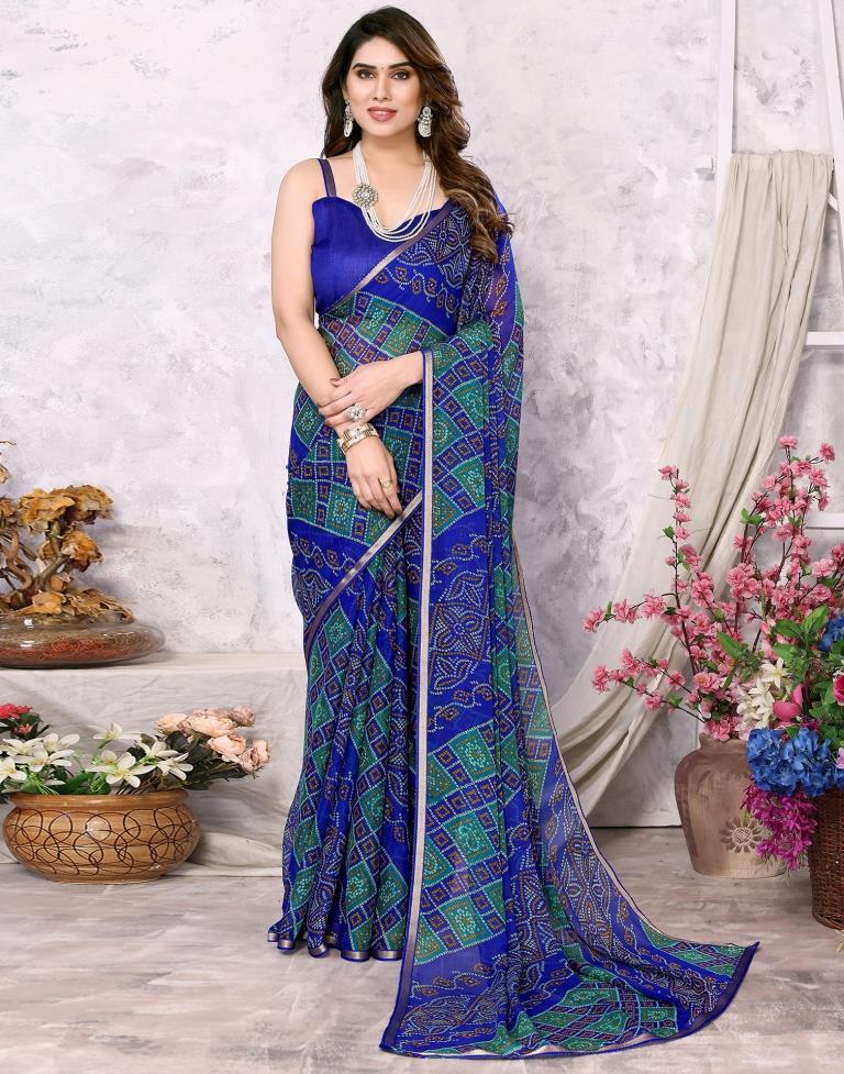 Royal Blue Chiffon Bandhani Printed Saree