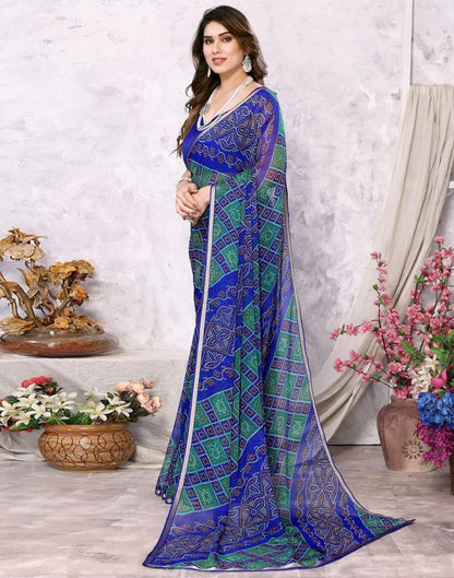 Royal Blue Chiffon Bandhani Printed Saree