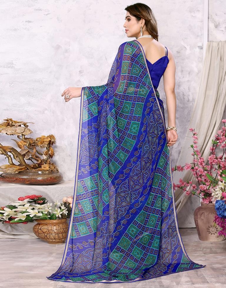 Royal Blue Chiffon Bandhani Printed Saree