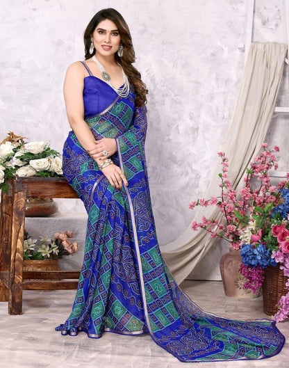 Royal Blue Chiffon Bandhani Printed Saree