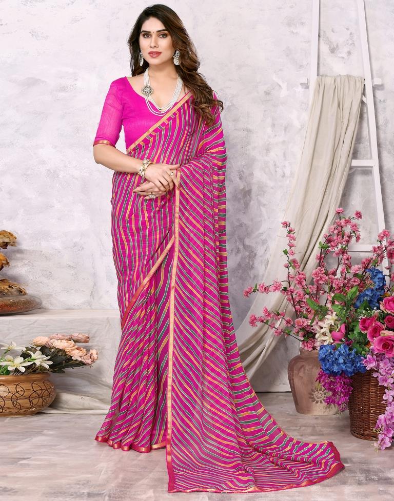 Rani Pink Chiffon Leheriya Printed Saree