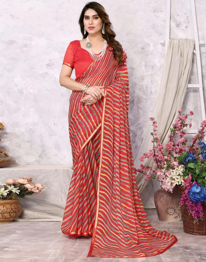 Red Chiffon Leheriya Printed Saree