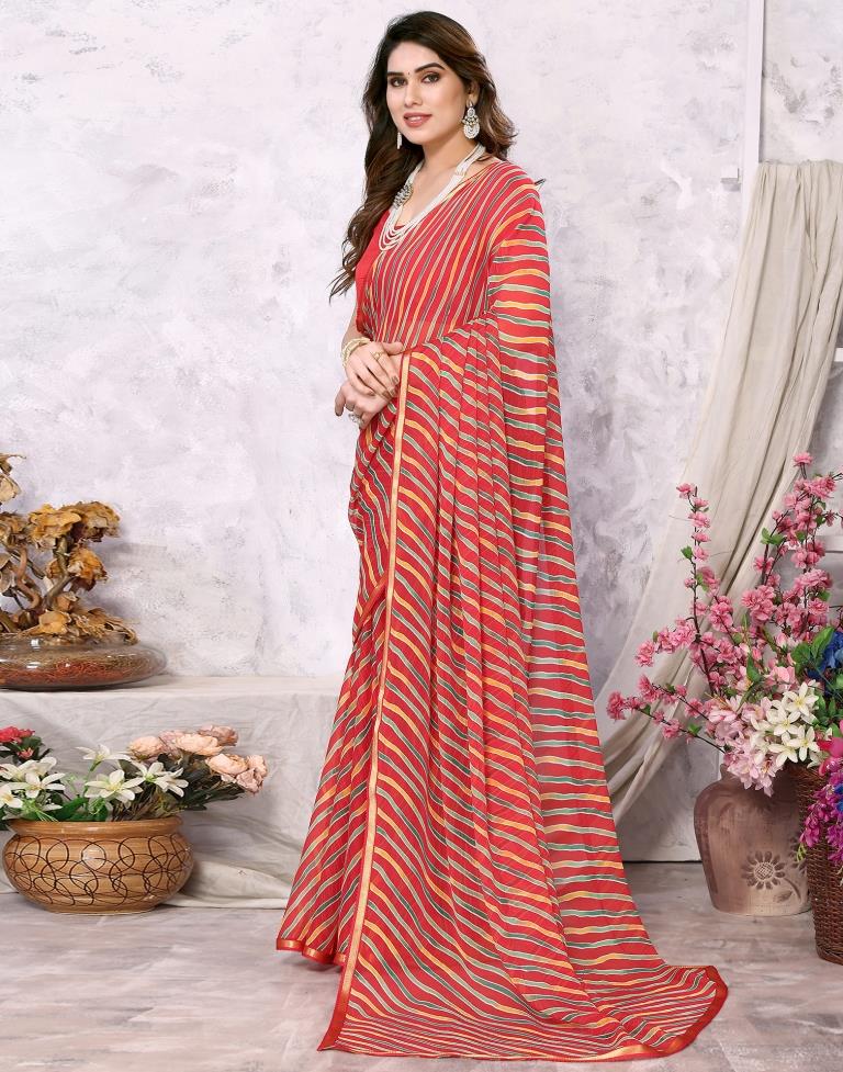 Red Chiffon Leheriya Printed Saree