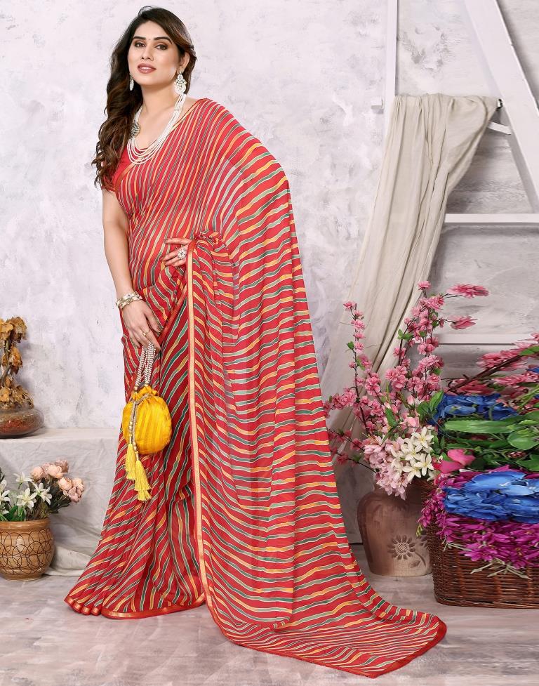 Red Chiffon Leheriya Printed Saree