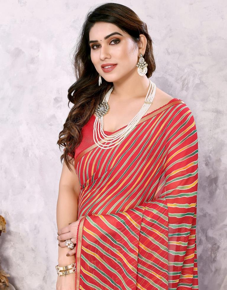 Red Chiffon Leheriya Printed Saree