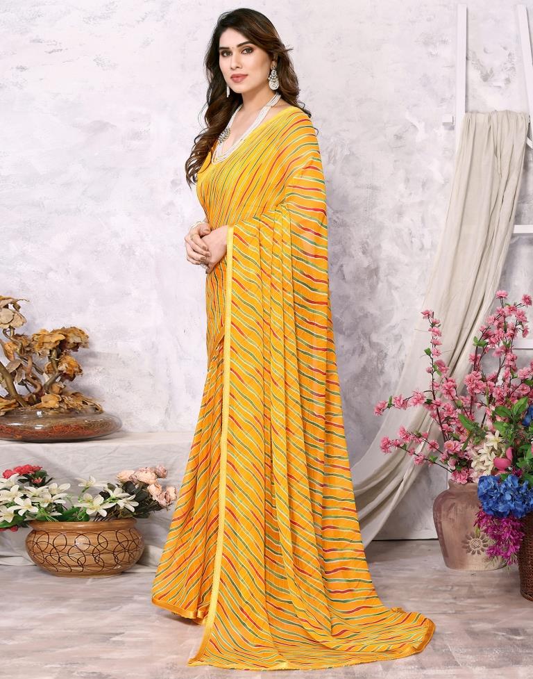 Turmeric Yellow Chiffon Leheriya Printed Saree