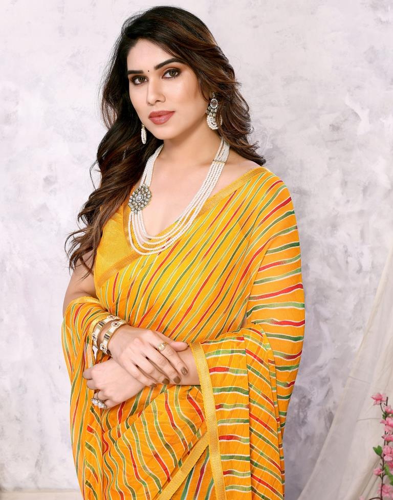 Turmeric Yellow Chiffon Leheriya Printed Saree