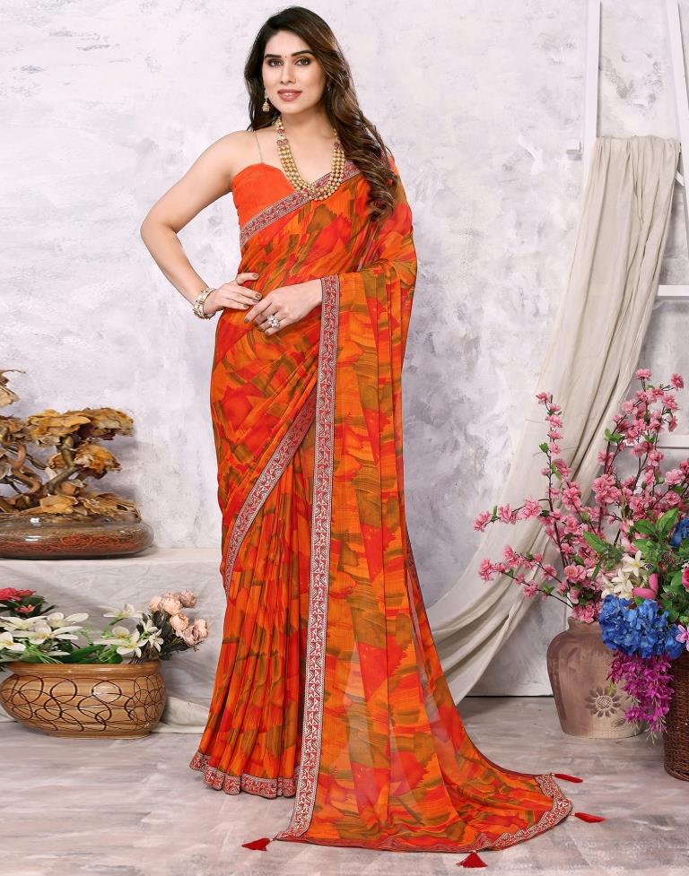 Orange Chiffon Printed Saree