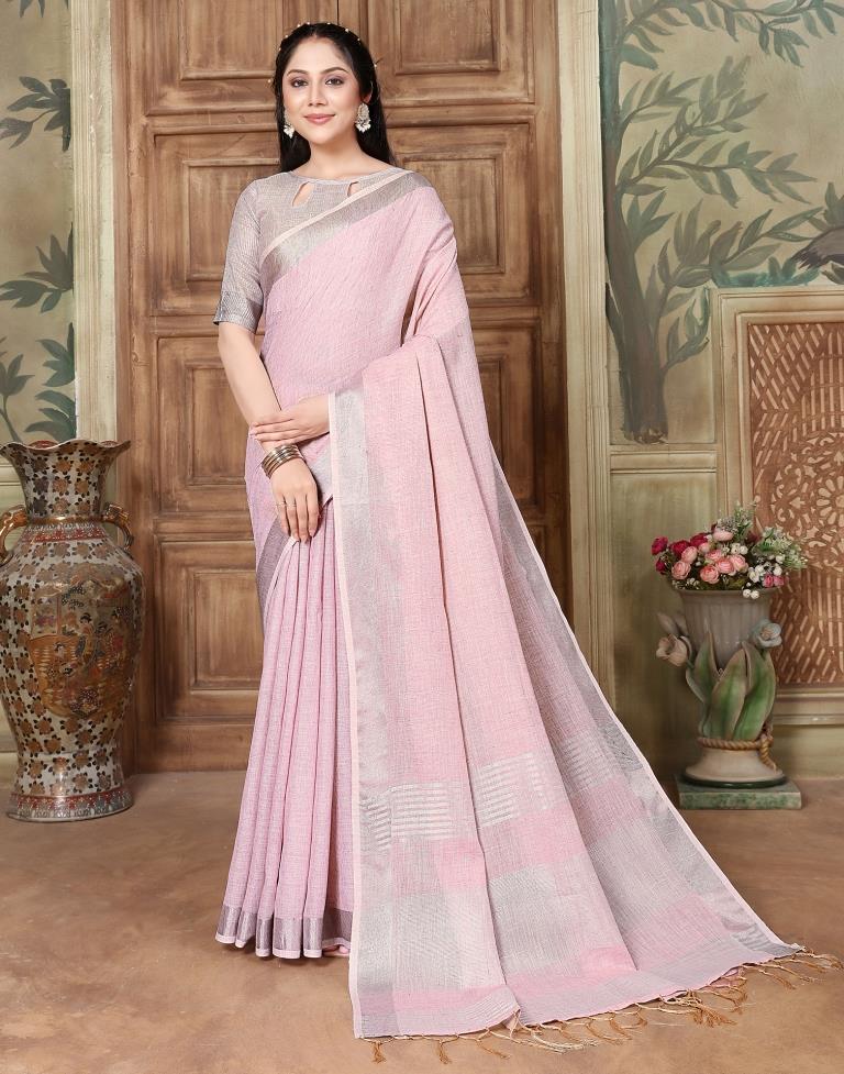 Light Pink Cotton Self Woven Saree