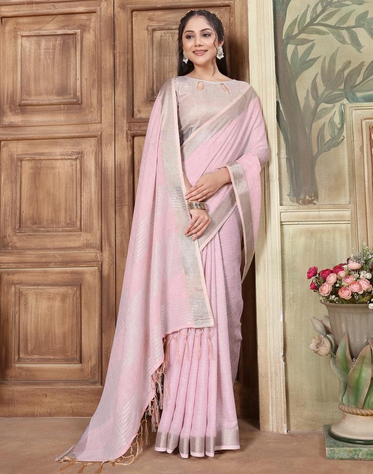 Light Pink Cotton Self Woven Saree