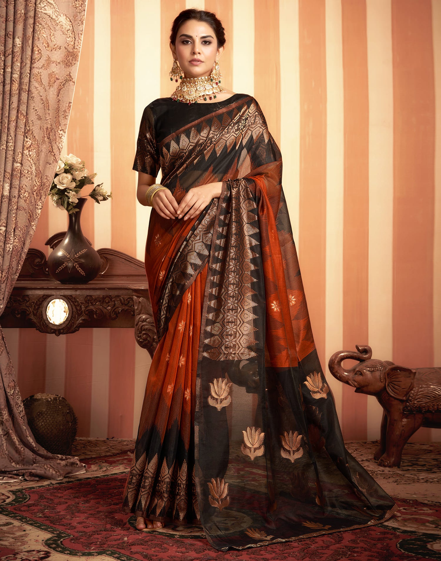 Rust Orange Cotton Weaving Saree