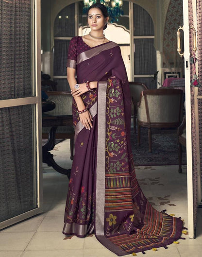 Wine Cotton Printed Saree