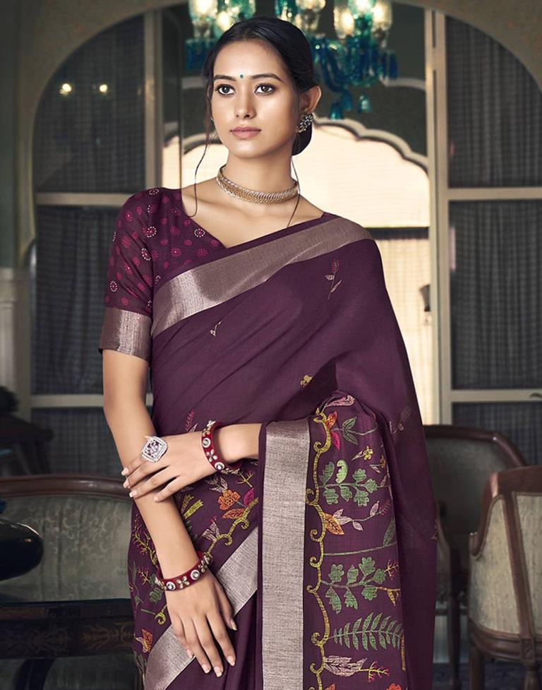 Wine Cotton Printed Saree