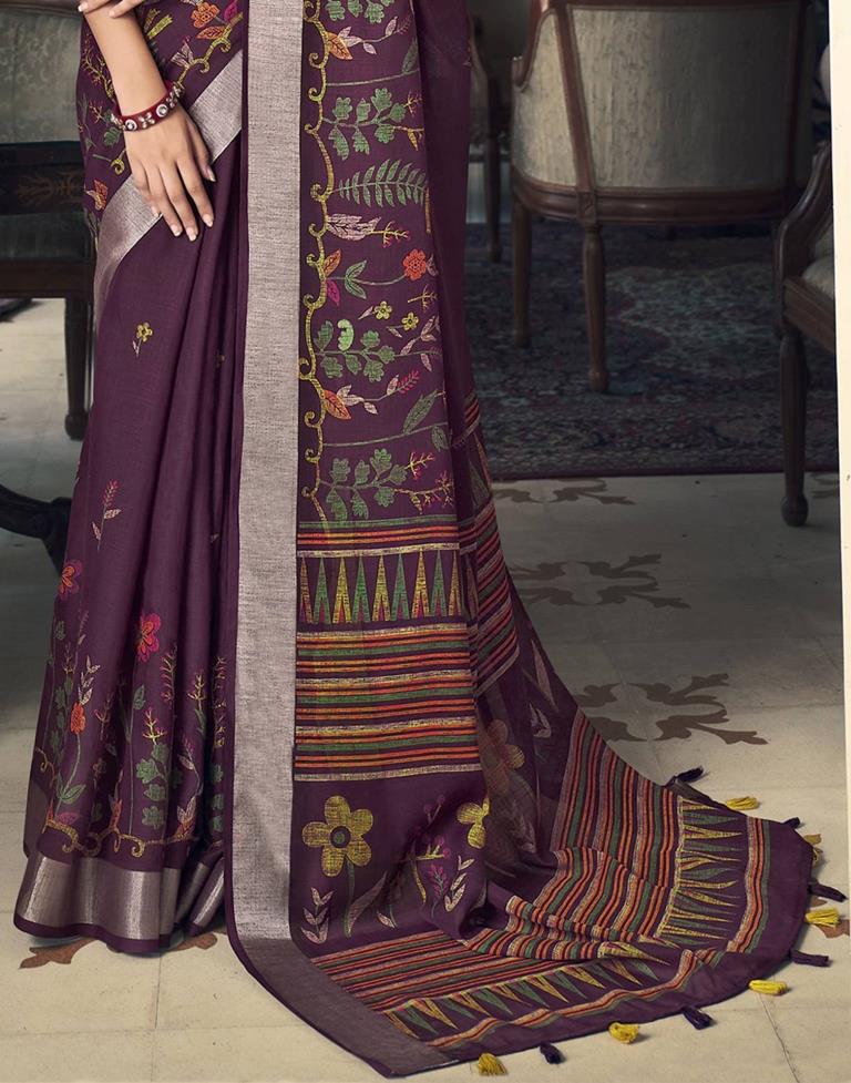 Wine Cotton Printed Saree