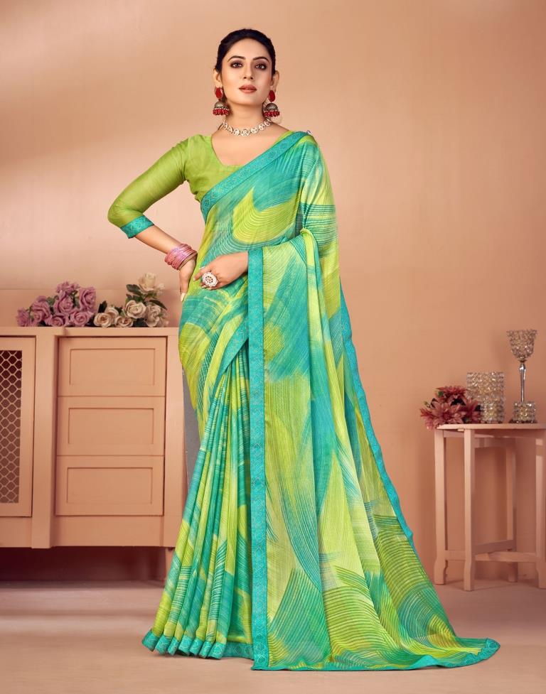 Parrot Green Chiffon Printed Saree