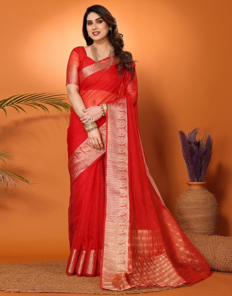 Red Organza Plain Saree