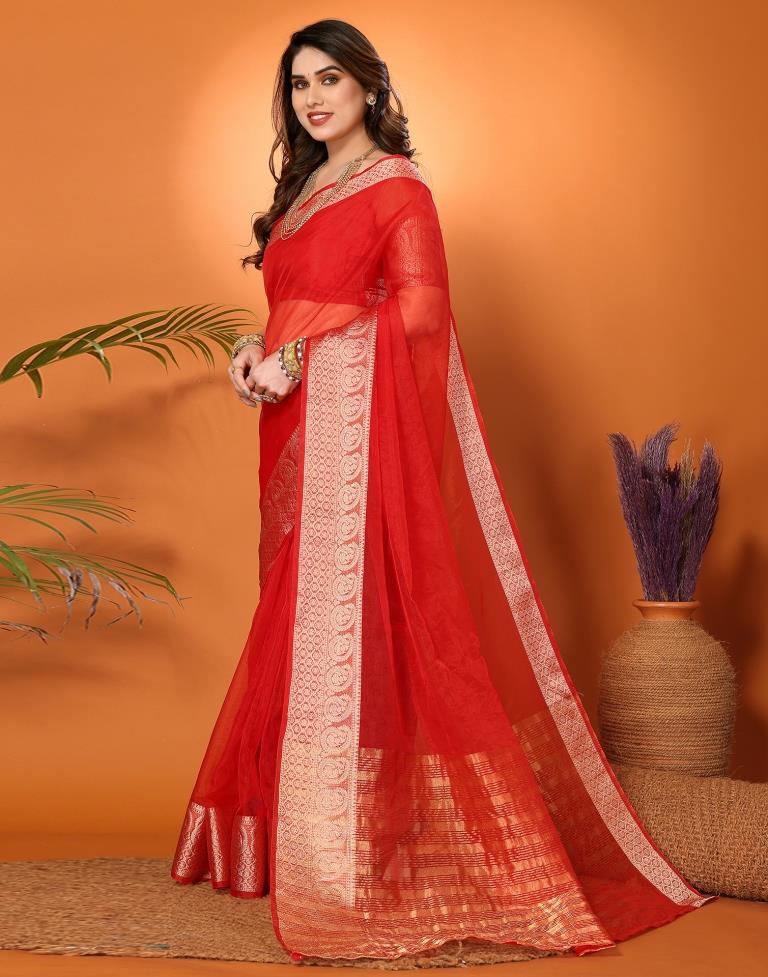 Red Organza Plain Saree