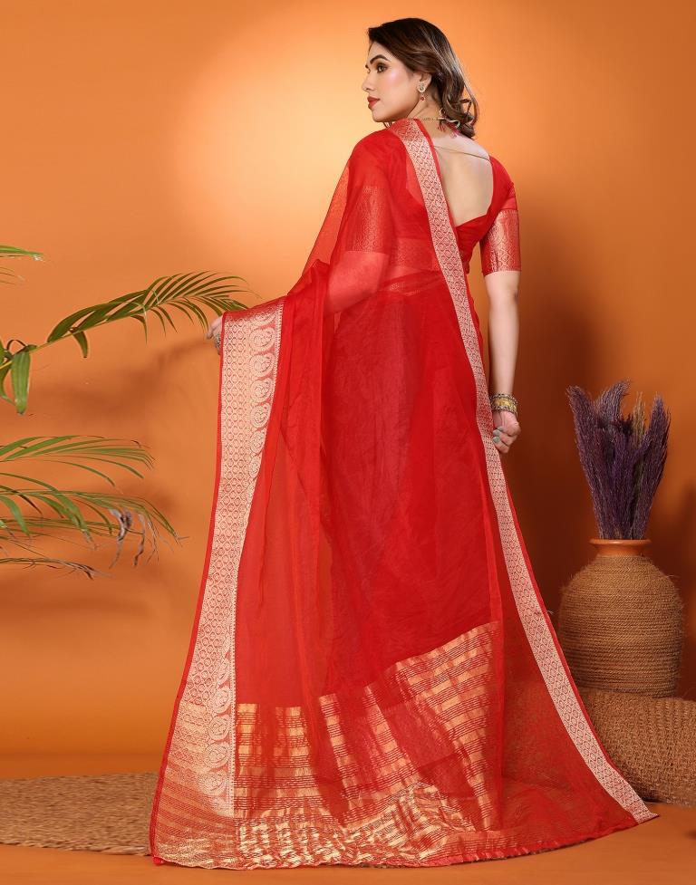 Red Organza Plain Saree