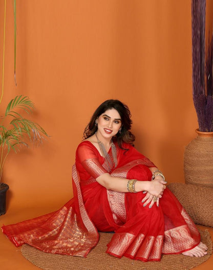 Red Organza Plain Saree