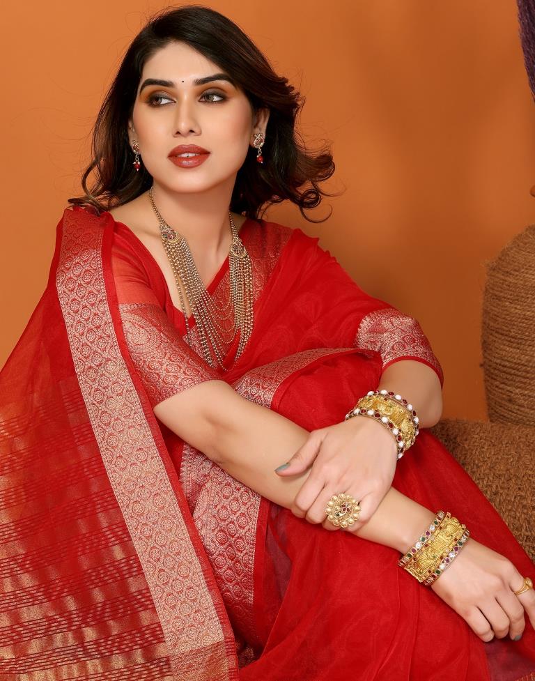 Red Organza Plain Saree