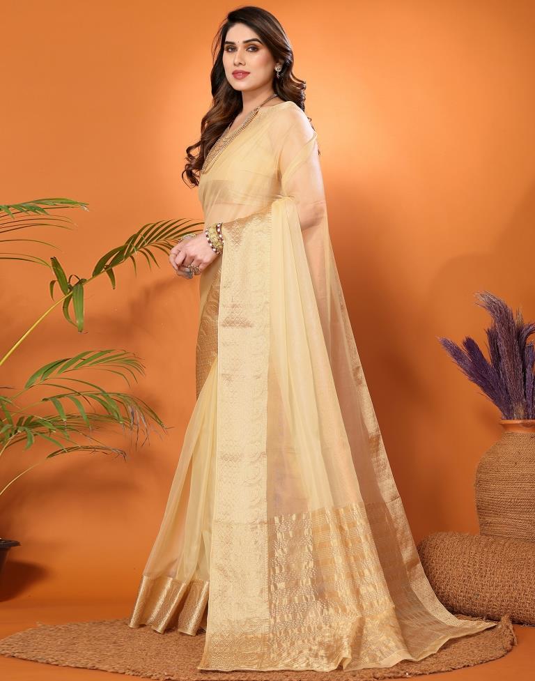 Cream Organza Plain Saree