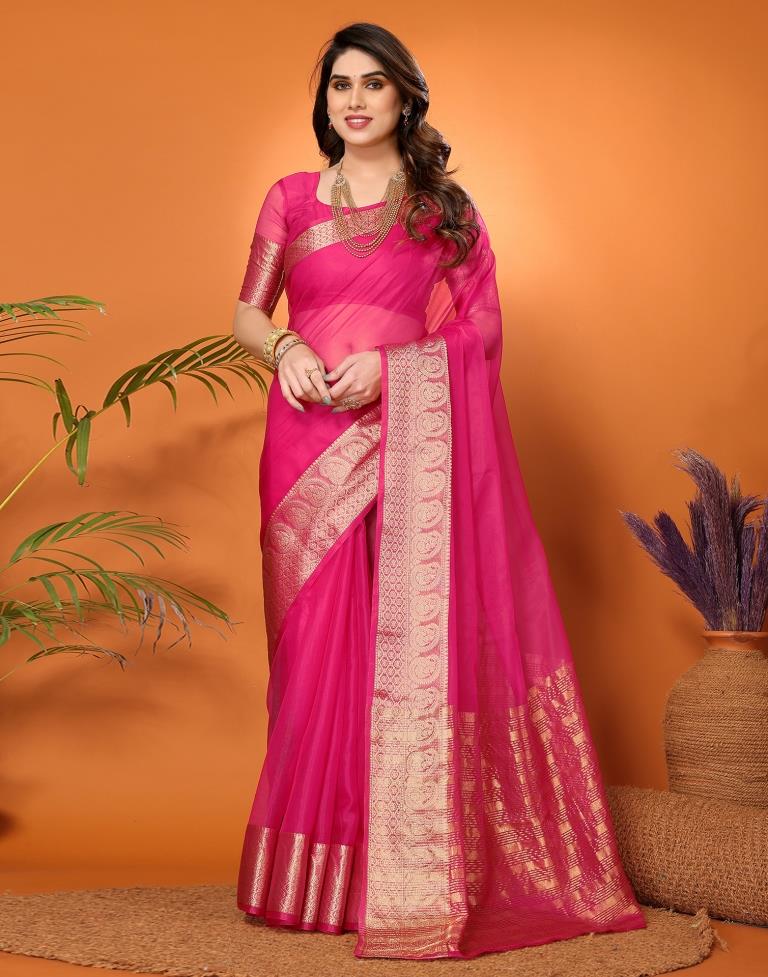 Rani Pink Plain Organza Saree