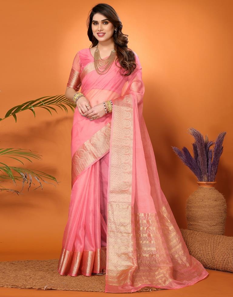 Light Pink Plain Organza Saree