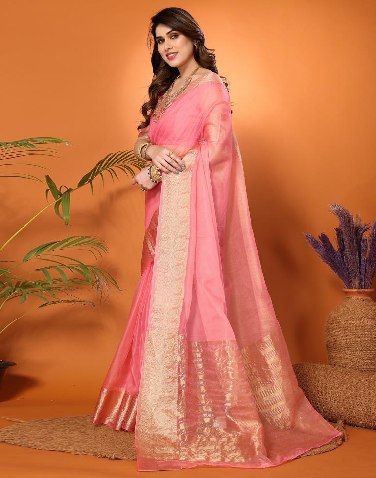 Light Pink Plain Organza Saree