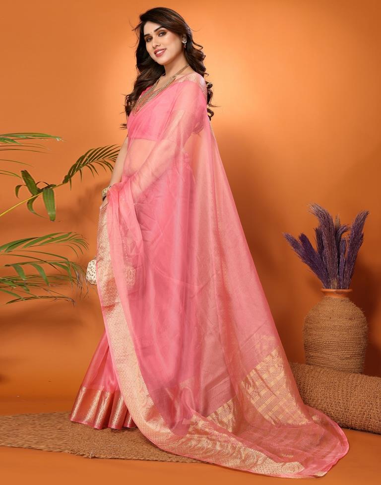 Light Pink Plain Organza Saree