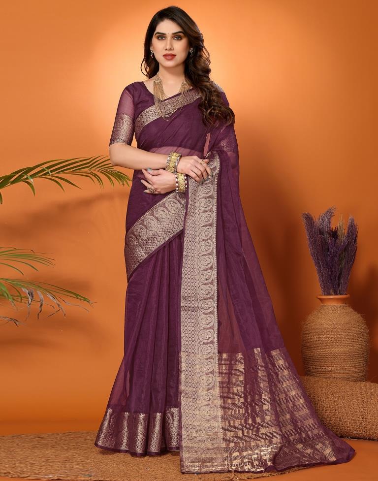 Wine Plain Organza Saree