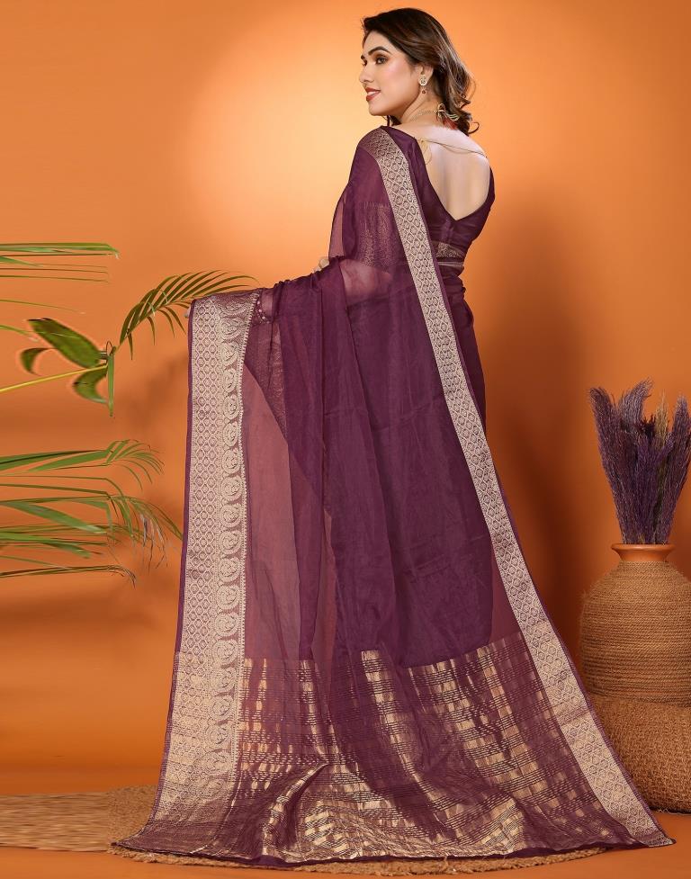 Wine Plain Organza Saree